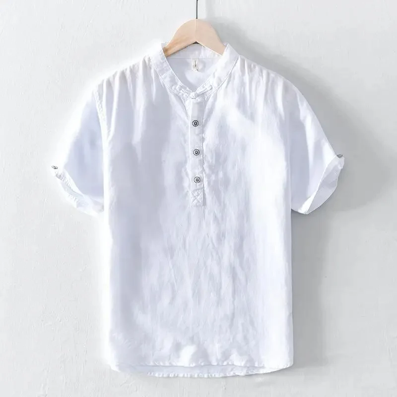 Camisa de algodón y lino de manga corta - Imagen 3