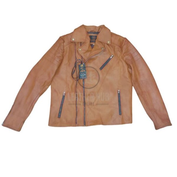Chaqueta de motorista para hombre de piel de oveja auténtica marrón, estilo corredor. - Imagen 3
