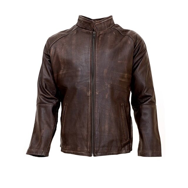 Chaqueta clásica para hombre en piel auténtica encerada de color marrón envejecido.