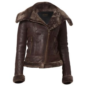 Chaqueta motera clásica para mujer en piel natural auténtica, color marrón oscuro.