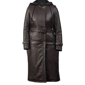 Gabardina larga para mujer de piel natural auténtica, negra.