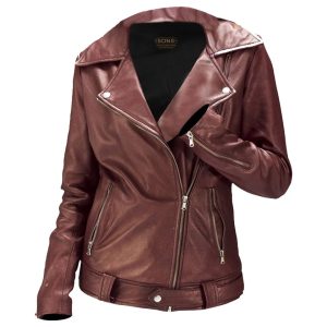 Chaqueta motera clásica de piel de oveja marrón para mujer
