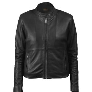 Chaqueta clásica de piel de oveja para mujer, estilo café racer, color negro.