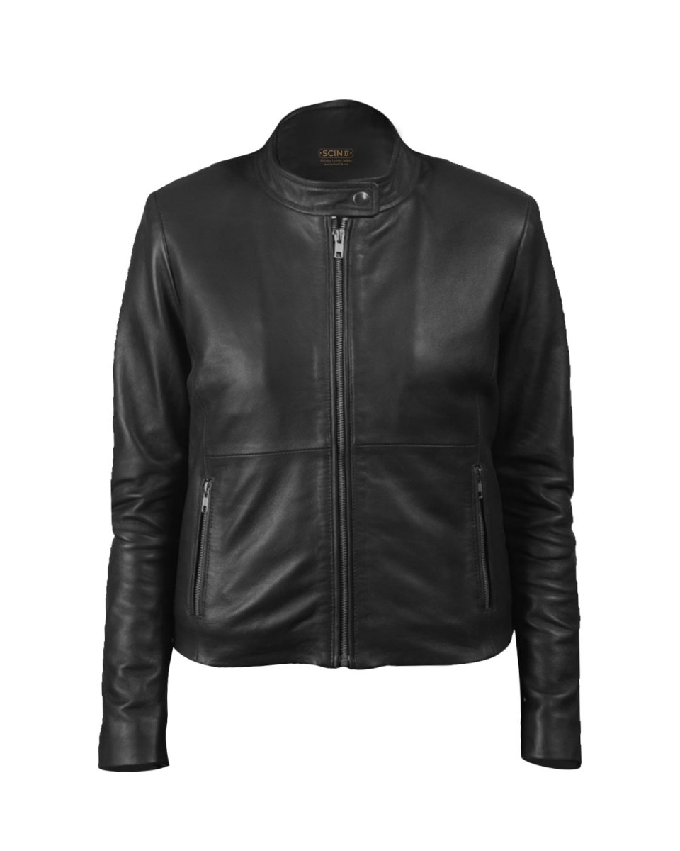 Chaqueta clásica de piel de oveja para mujer, estilo café racer, color negro. - Imagen 3