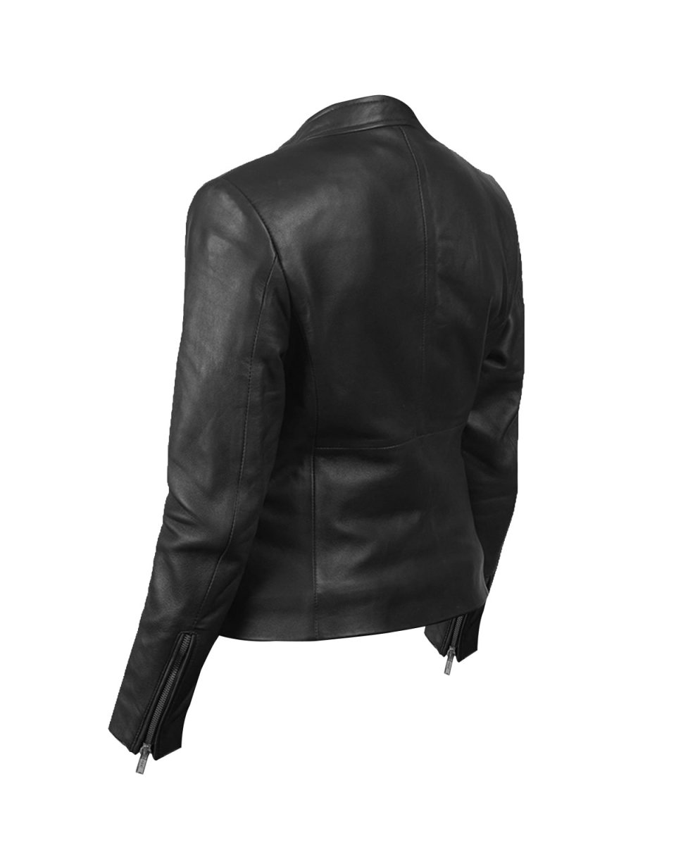 Chaqueta clásica de piel de oveja para mujer, estilo café racer, color negro. - Imagen 4